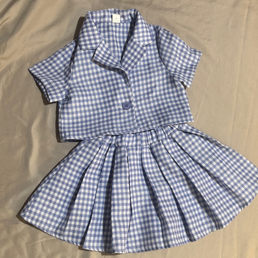 Blue and White Checkered Two-Piece Outfit